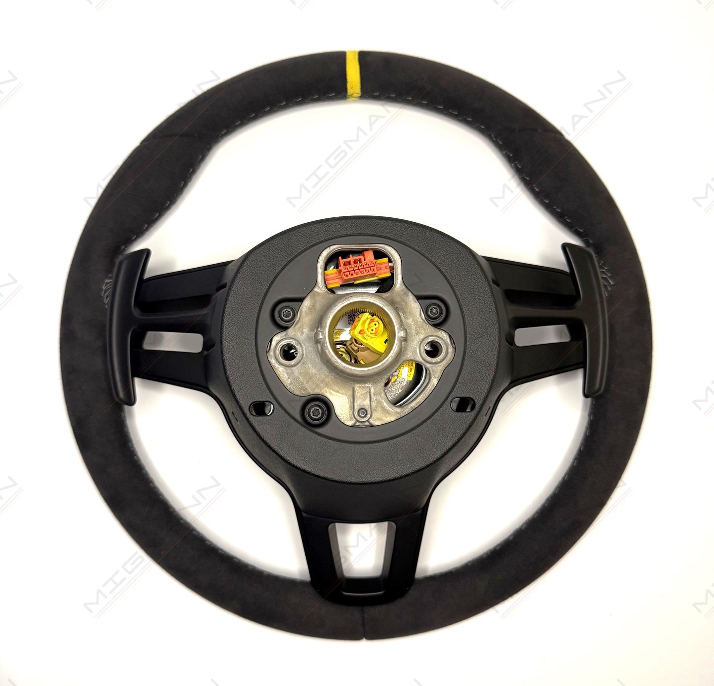 Rear view of Porsche GT3 steering wheel showing integrated paddle shifters and mounting points