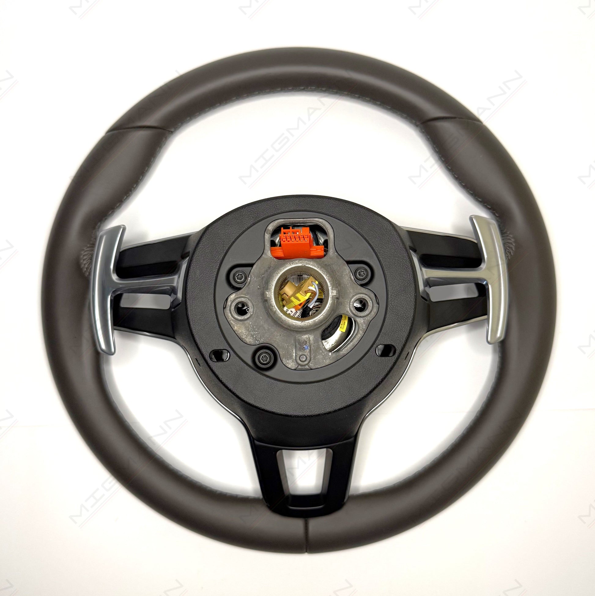 Rear view of Porsche 991.2 PDK steering wheel with connectors and airbag