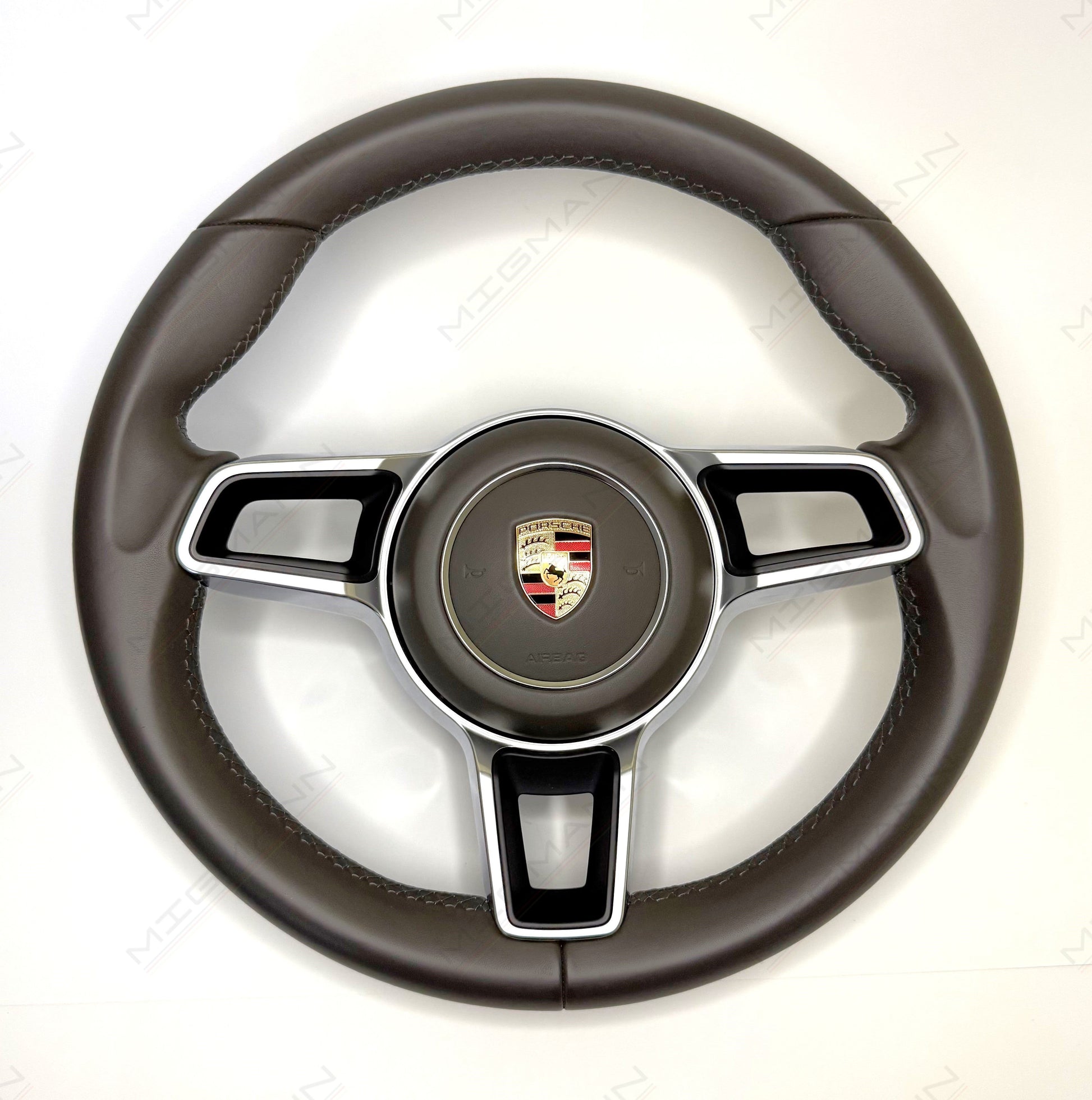 OEM Porsche 991.2 leather steering wheel in Agate Grey – front view