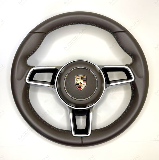 OEM Porsche 991.2 leather steering wheel in Agate Grey – front view