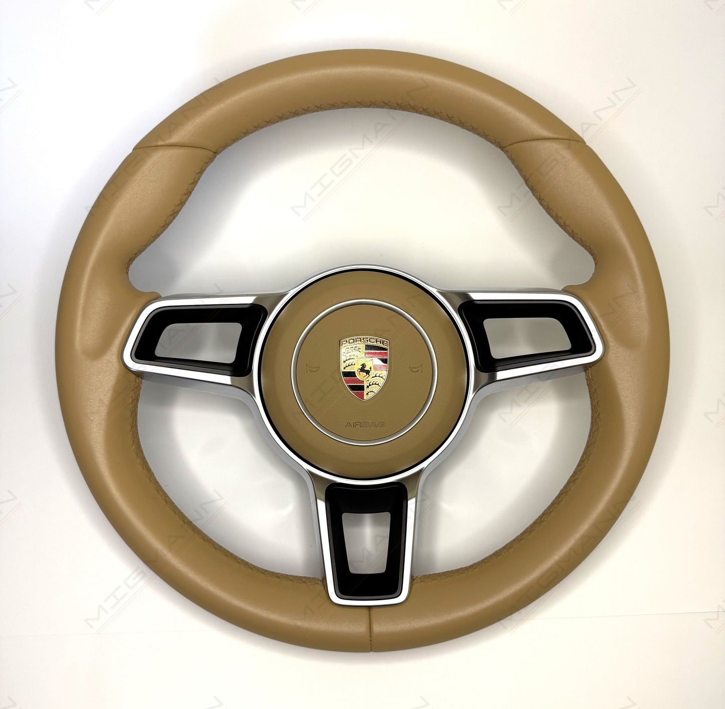 OEM Porsche Luxor Beige leather steering wheel with airbag – for manual transmission