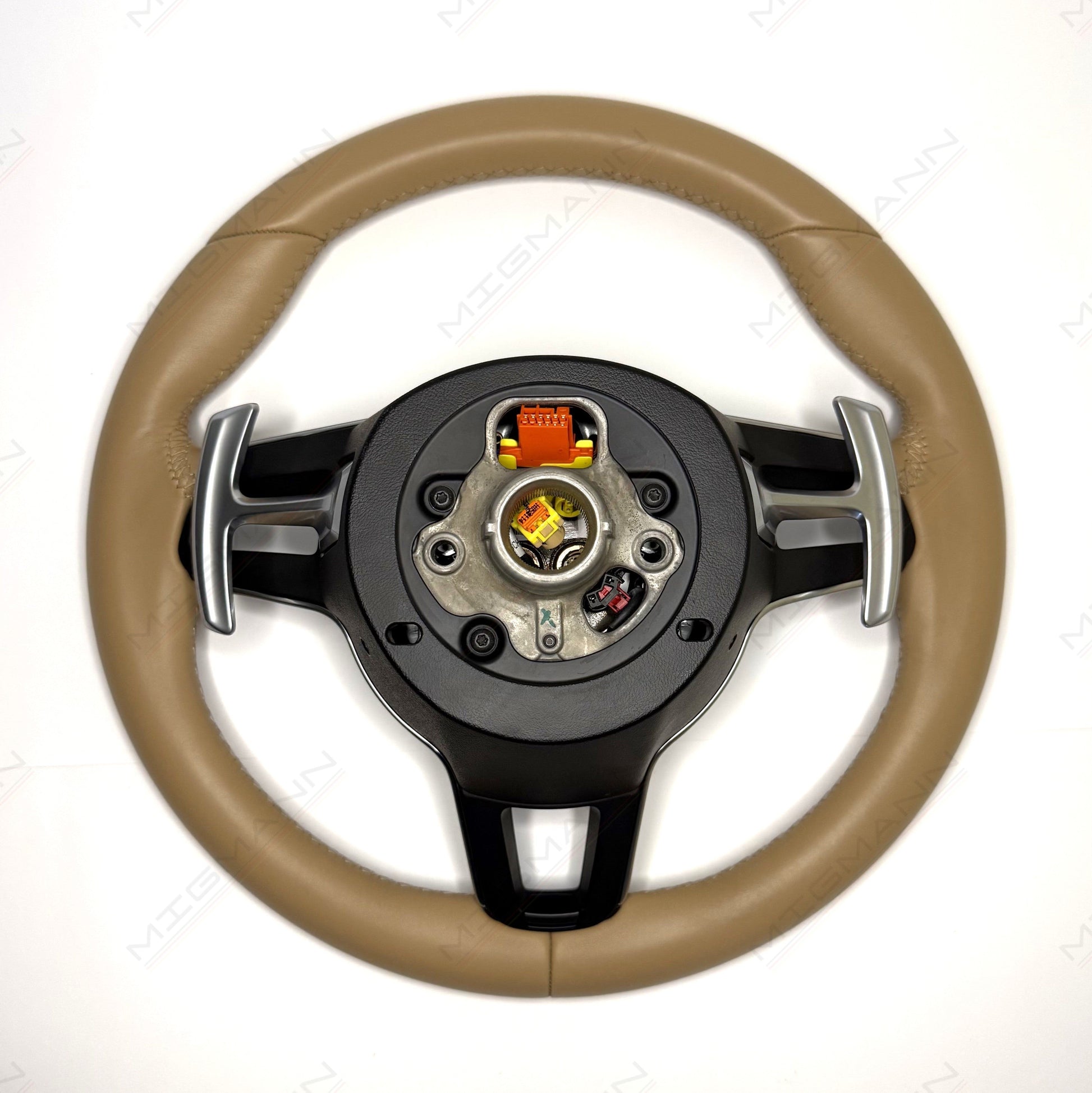 Rear view of Porsche steering wheel showing paddle shifters and connectors – 997 compatible