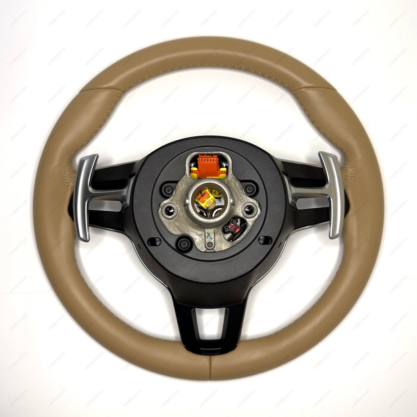 Rear view of Porsche steering wheel showing paddle shifters and connectors – 997 compatible