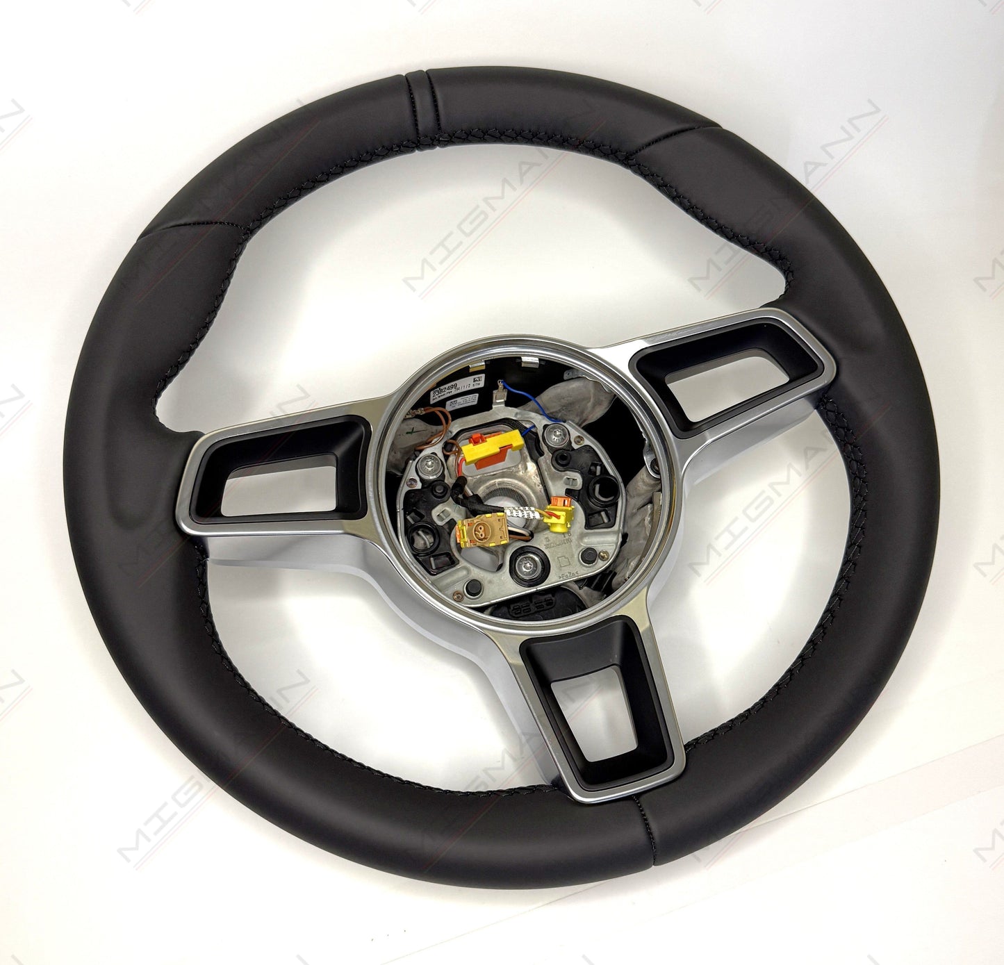 Porsche 911 manual steering wheel 375mm black leather angled view no airbag