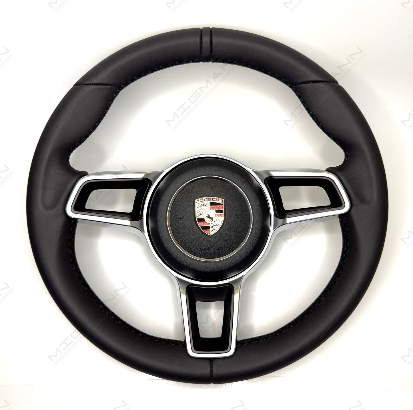 OEM Porsche 911 black leather steering wheel 375mm with airbag and leather marker front view