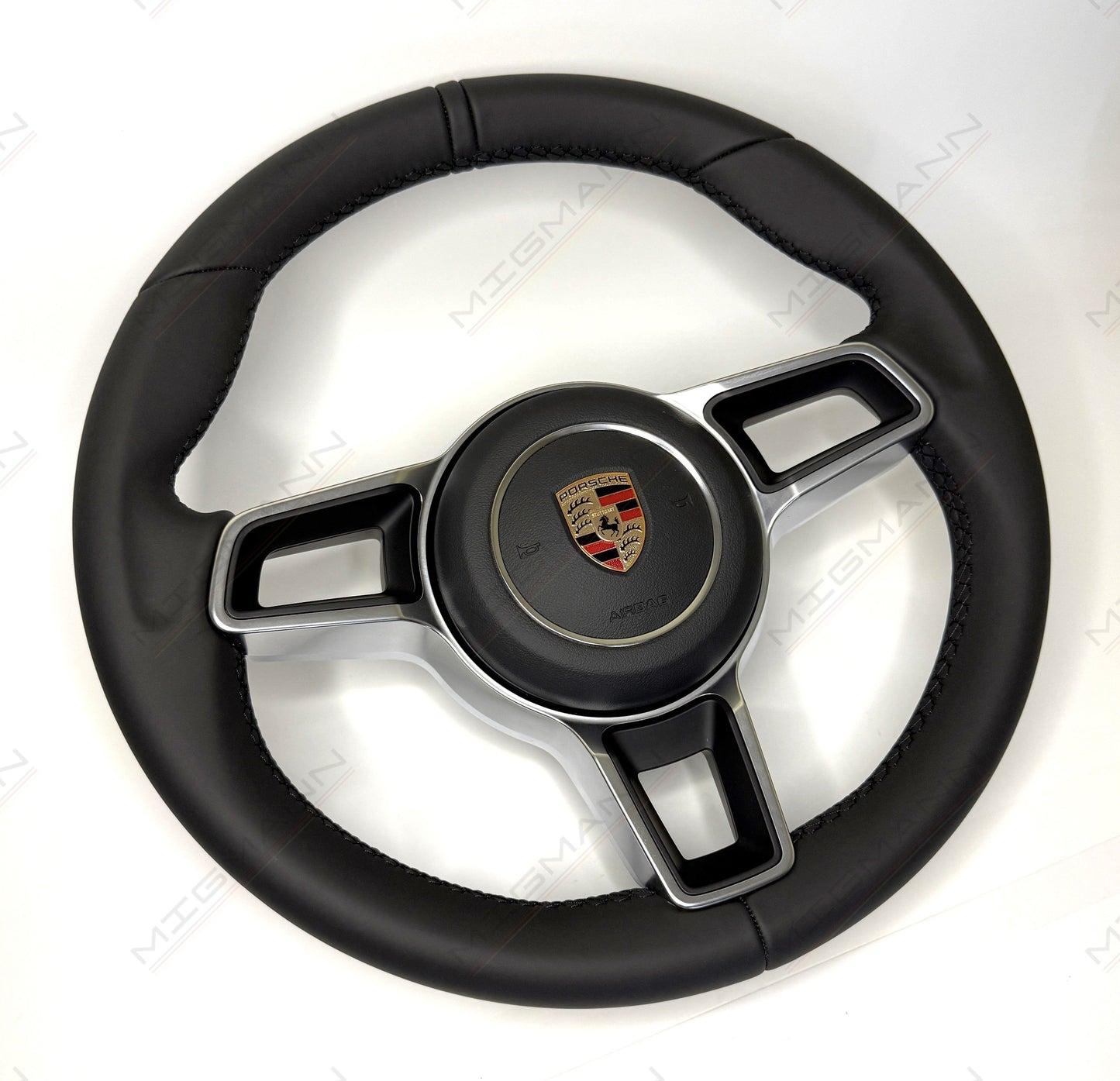 OEM Porsche 911 black leather steering wheel 375mm with airbag and leather marker front view