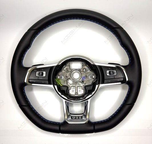 Volkswagen GTE steering wheel without airbag in black leather with blue stitching and paddle shifters
