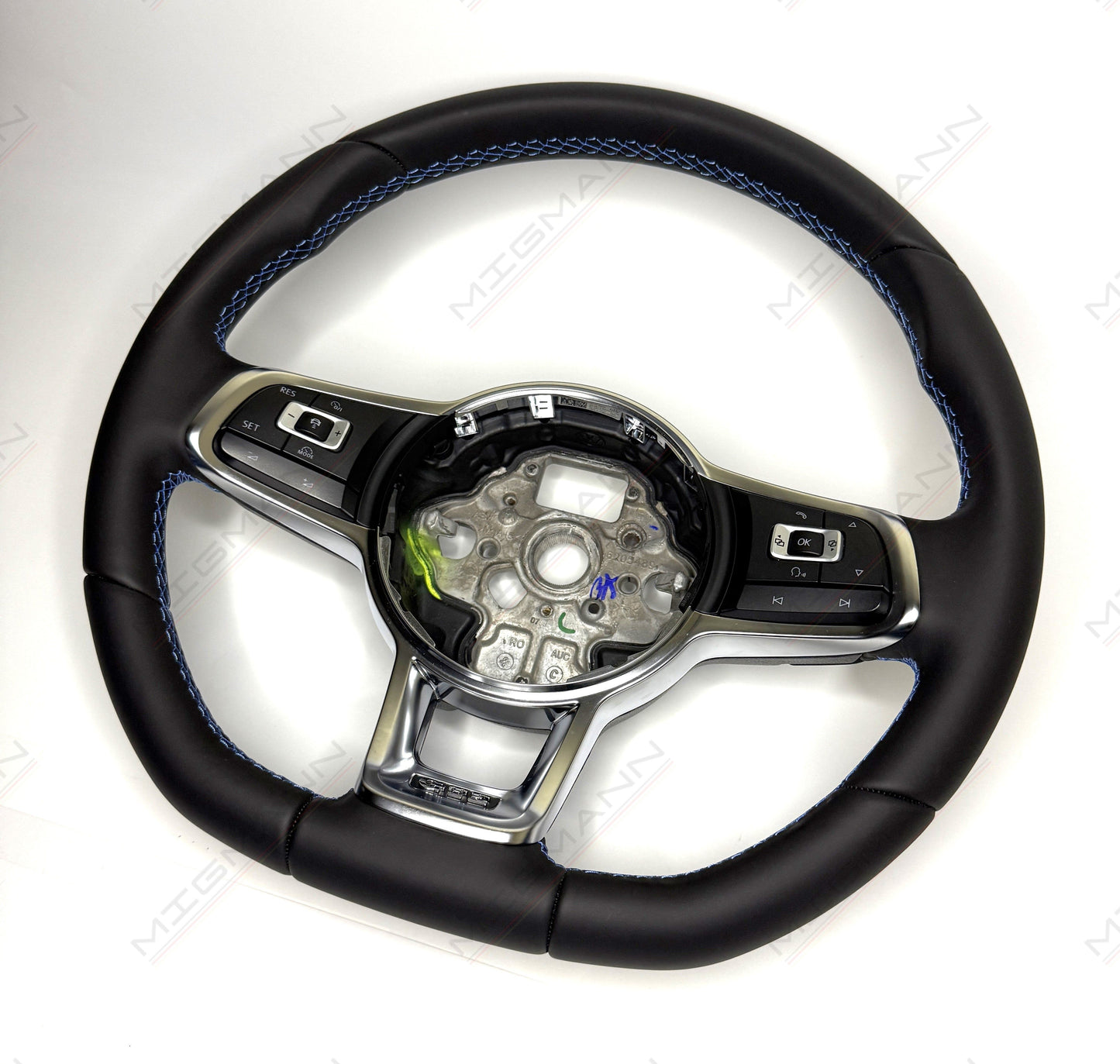 OEM Volkswagen GTE steering wheel black leather blue stitching paddle shifters no airbag