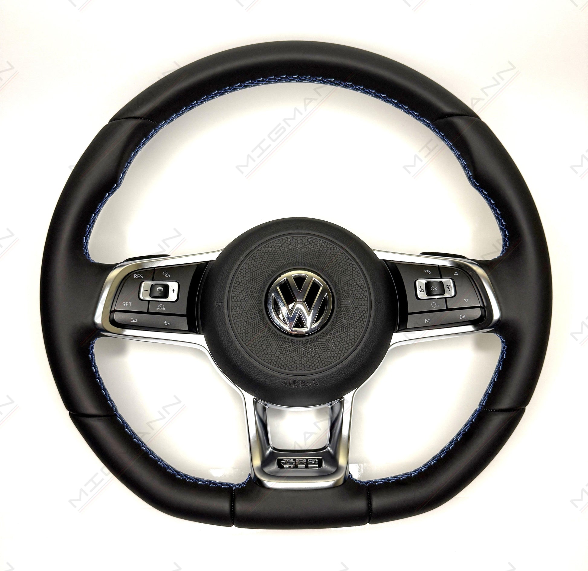 Volkswagen GTE steering wheel with airbag black leather blue stitching OEM 5G0419091