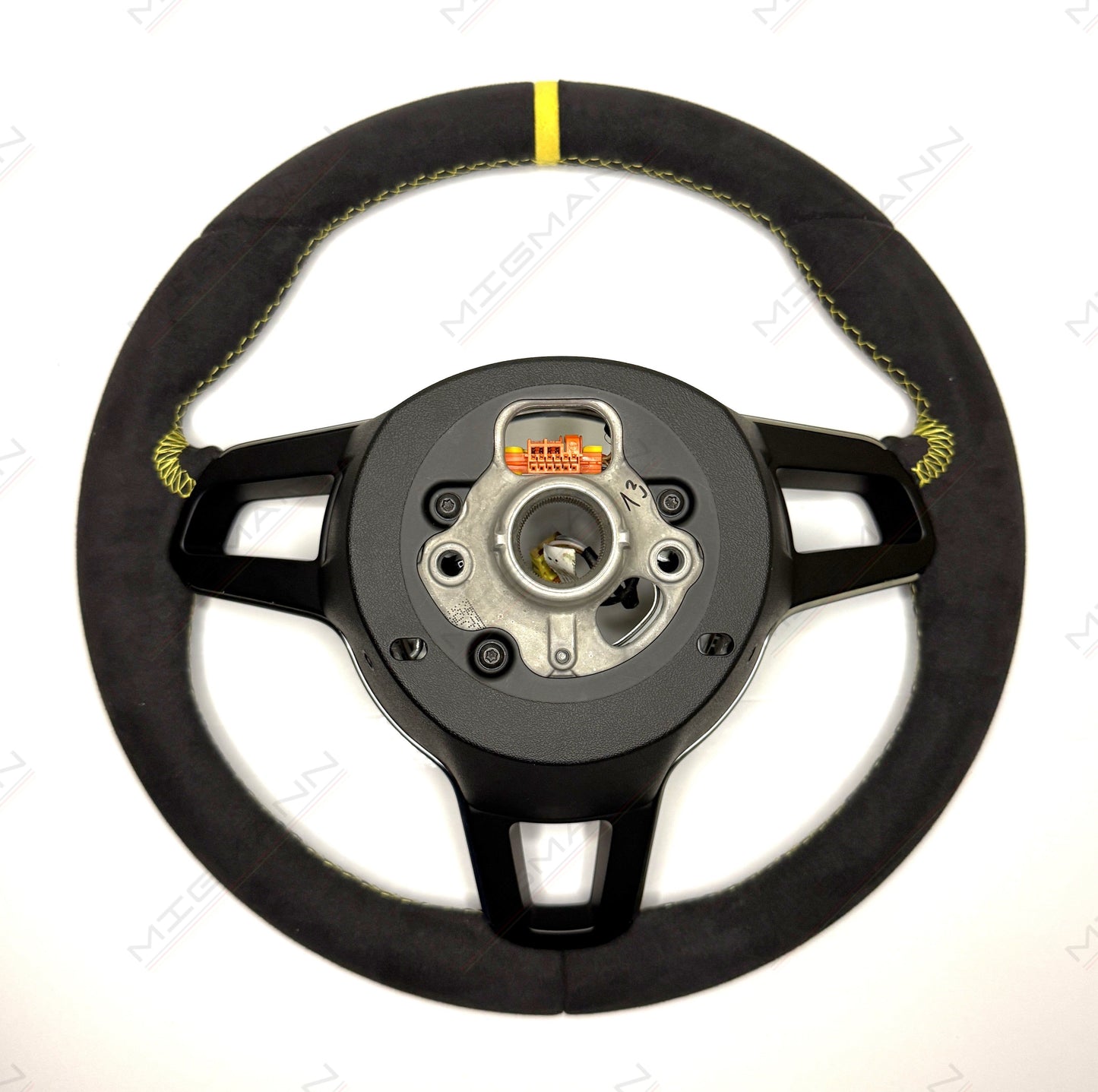 Rear mounting view of Porsche 911 Alcantara steering wheel without airbag