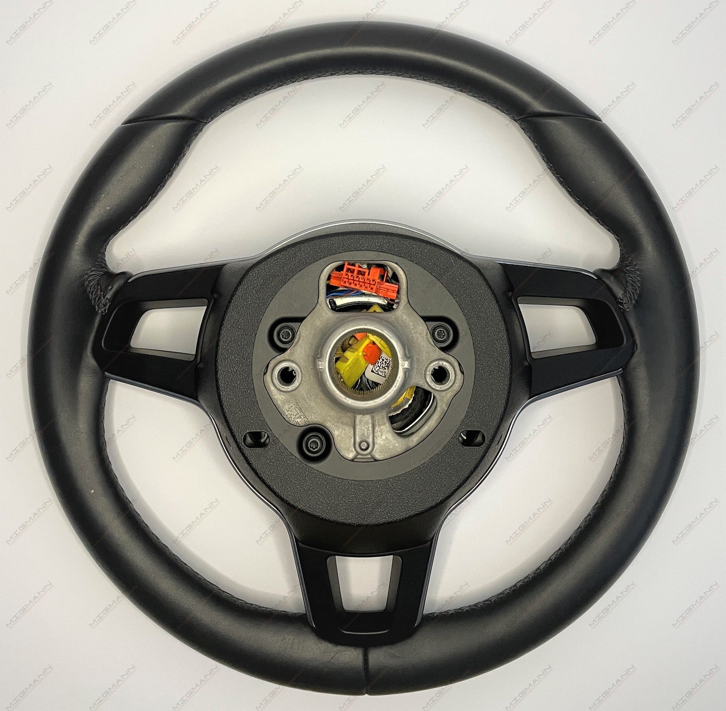 Rear view of Porsche 991.2 OEM steering wheel showing connectors
