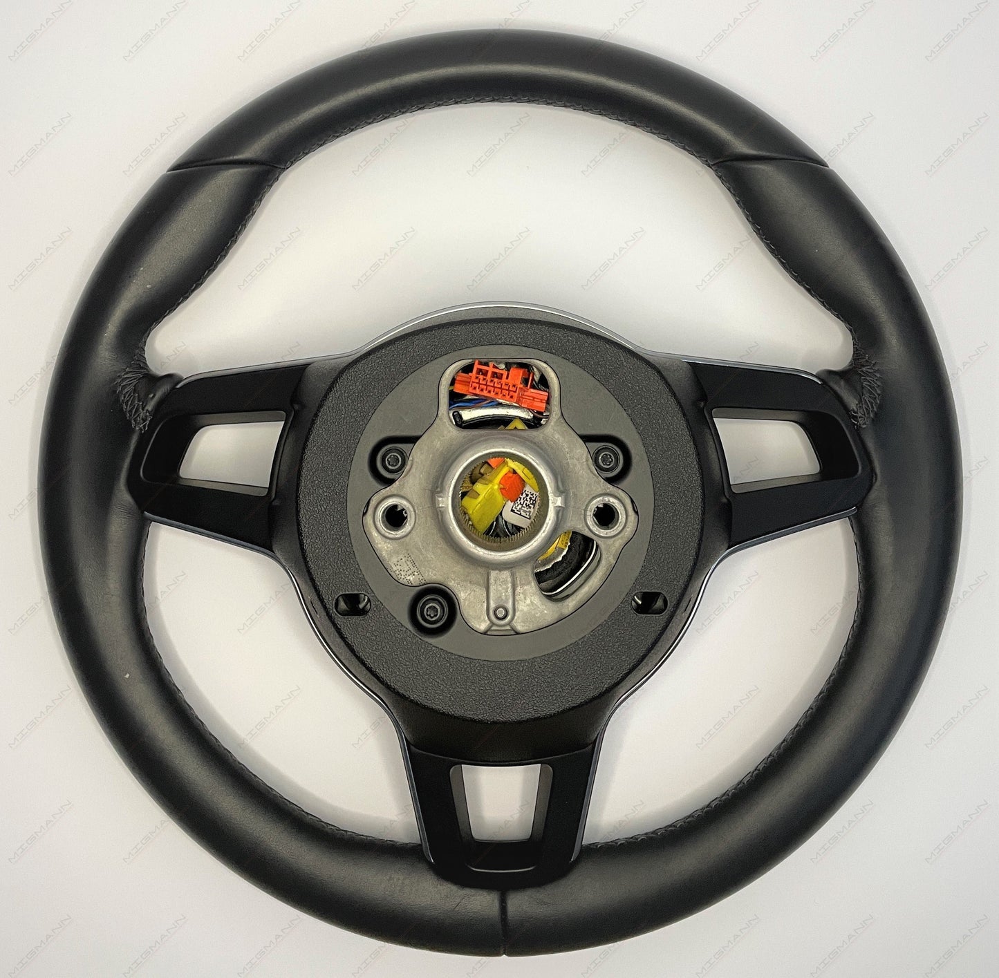 Rear view of Porsche 991.2 OEM steering wheel showing connectors