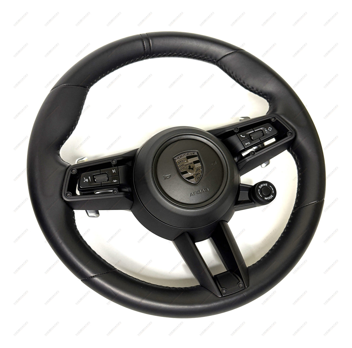 Porsche Macan black leather steering wheel with Turbonite crest