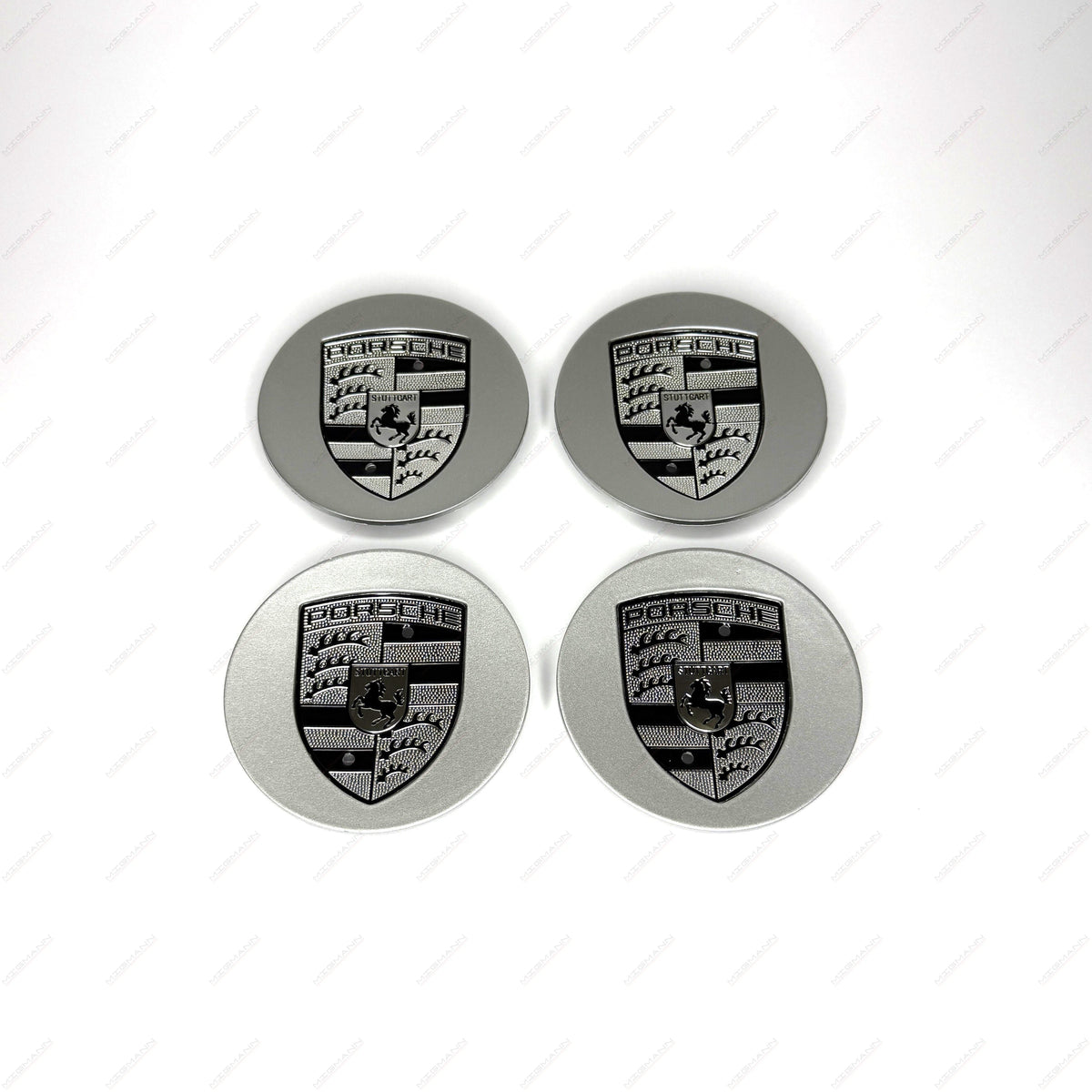 Porsche silver wheel center caps with black and silver crest