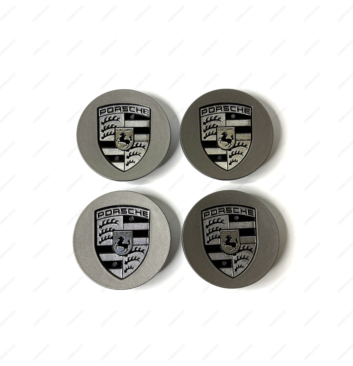 Porsche gray wheel center caps with black and silver crest