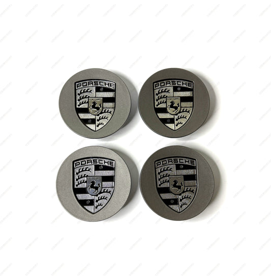 Porsche gray wheel center caps with black and silver crest