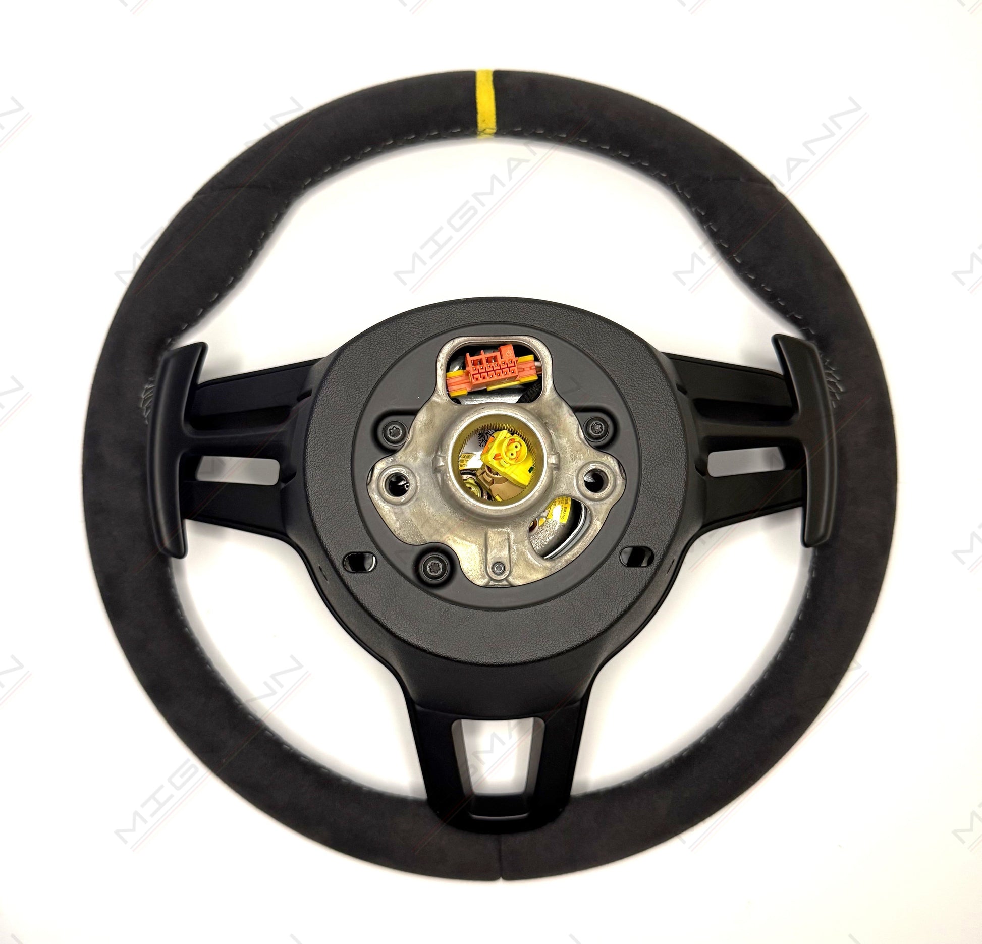 Rear view of Porsche GT3 steering wheel showing integrated paddle shifters and mounting points