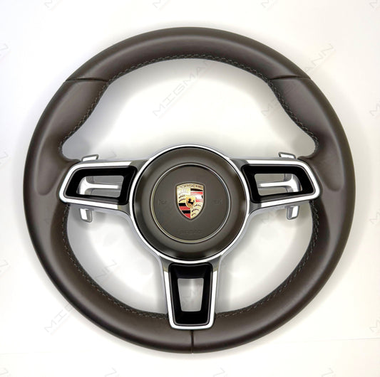 OEM Porsche 991.2 steering wheel in Agate Grey leather with paddle shifters – front view