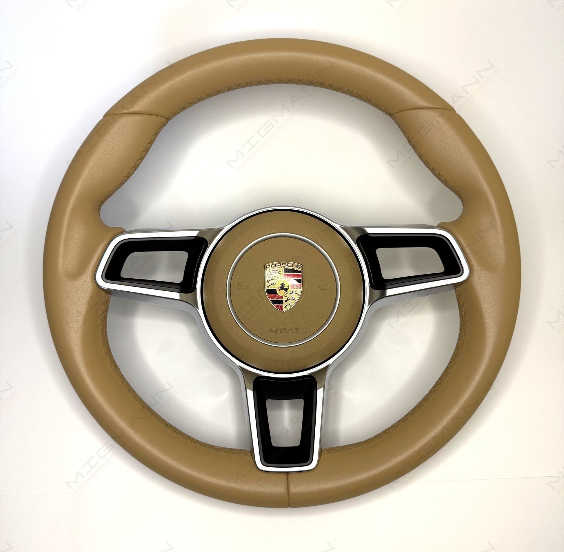 OEM Porsche Luxor Beige leather steering wheel with airbag – for manual transmission