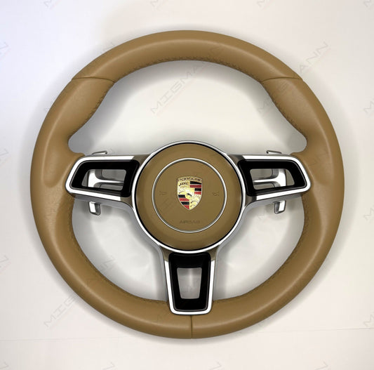 OEM Porsche Luxor Beige steering wheel with paddle shifters and airbag – part 95B419091