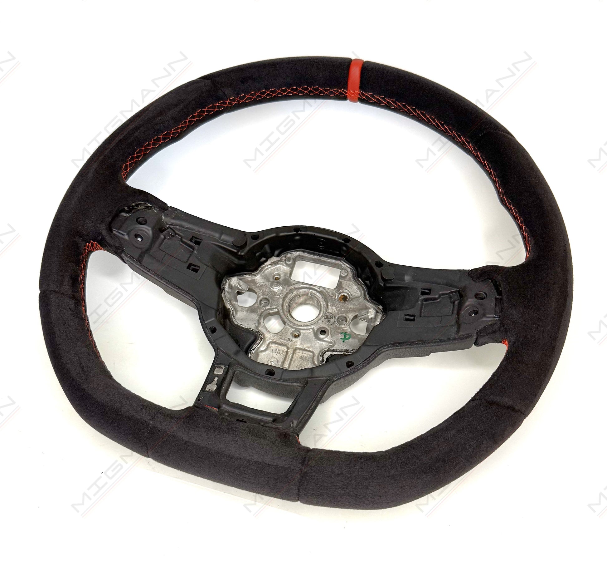 Front view of stripped Alcantara VW steering wheel