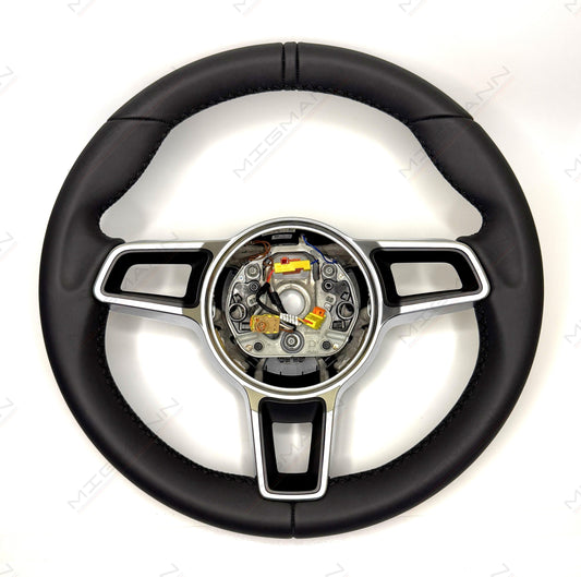 OEM Porsche 911 375mm black leather steering wheel without airbag front view