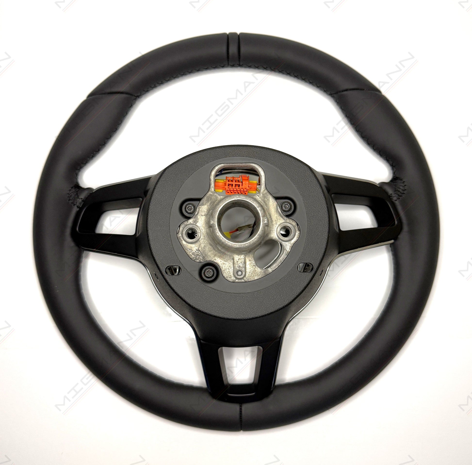 Rear mounting view of Porsche 911 black leather steering wheel without airbag