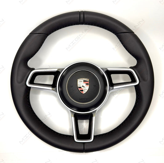 OEM Porsche 911 black leather steering wheel 375mm with airbag and leather marker front view