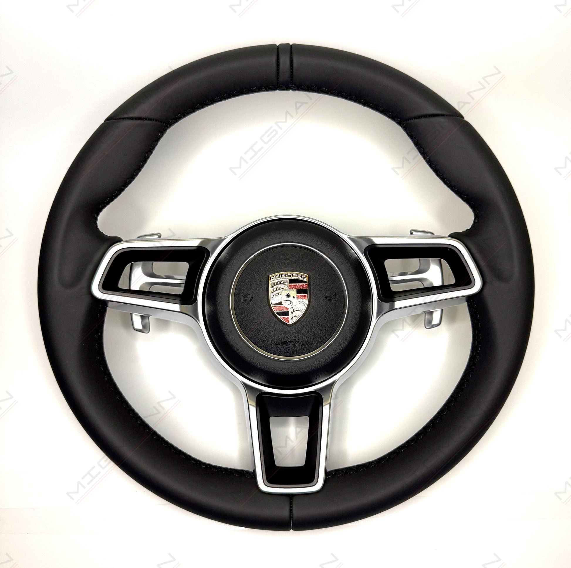 OEM Porsche 911 black leather PDK steering wheel 375mm with paddle shifters and airbag front view