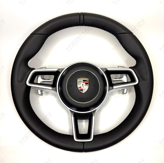 OEM Porsche 911 black leather PDK steering wheel 375mm with paddle shifters and airbag front view