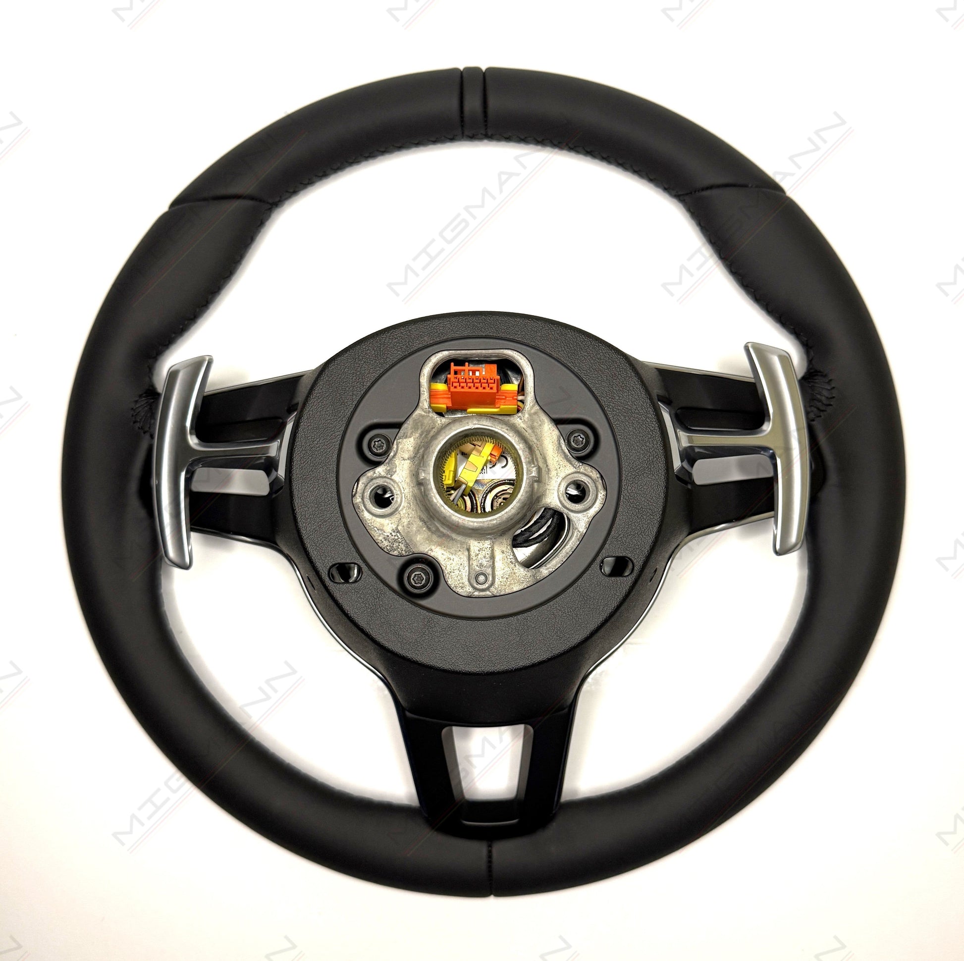 Rear mounting view of OEM Porsche 911 PDK steering wheel with airbag