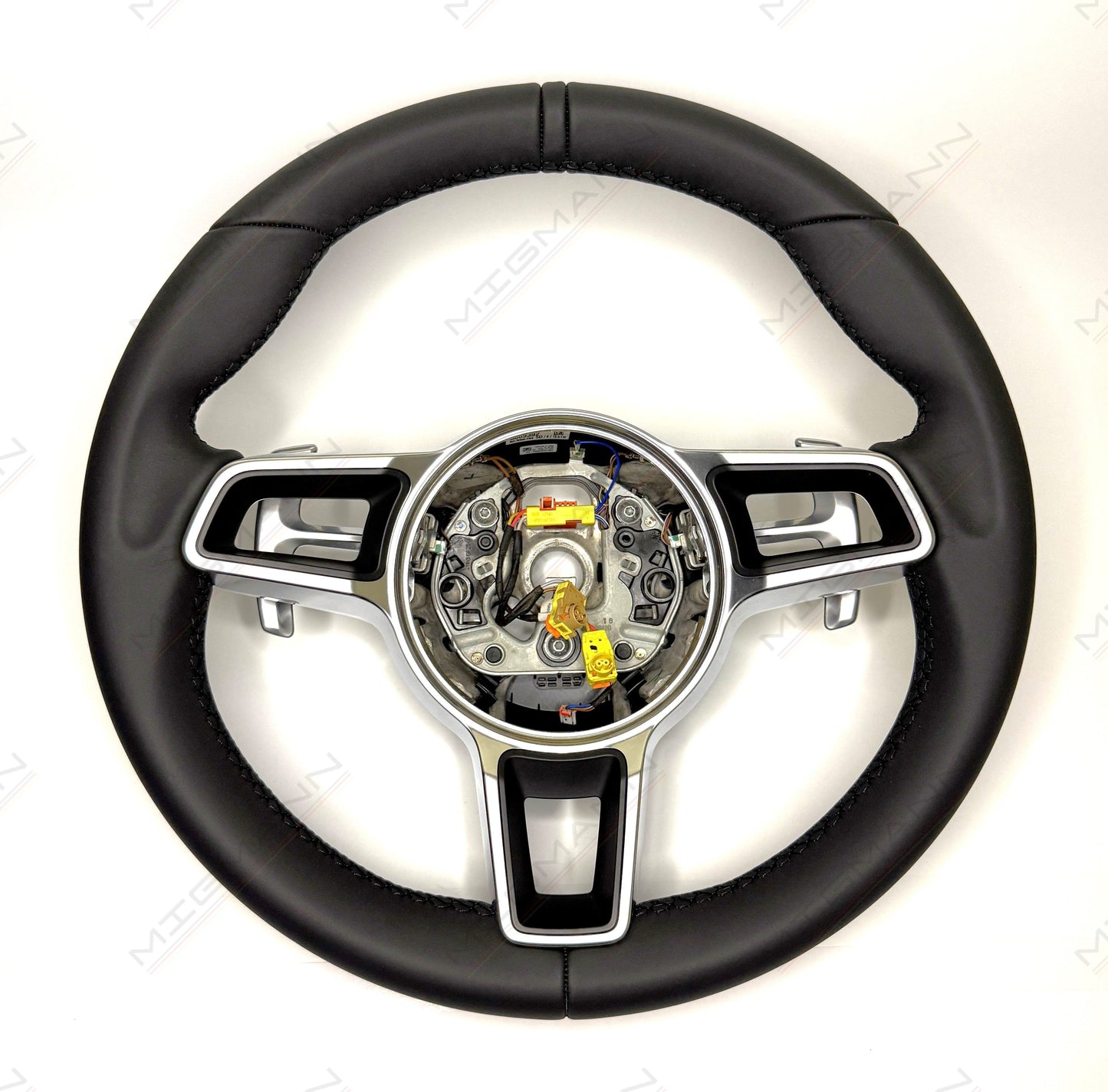 Porsche 911 PDK black leather steering wheel 375mm with paddle shifters no airbag front view