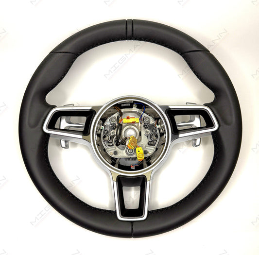Porsche 911 PDK black leather steering wheel 375mm with paddle shifters no airbag front view