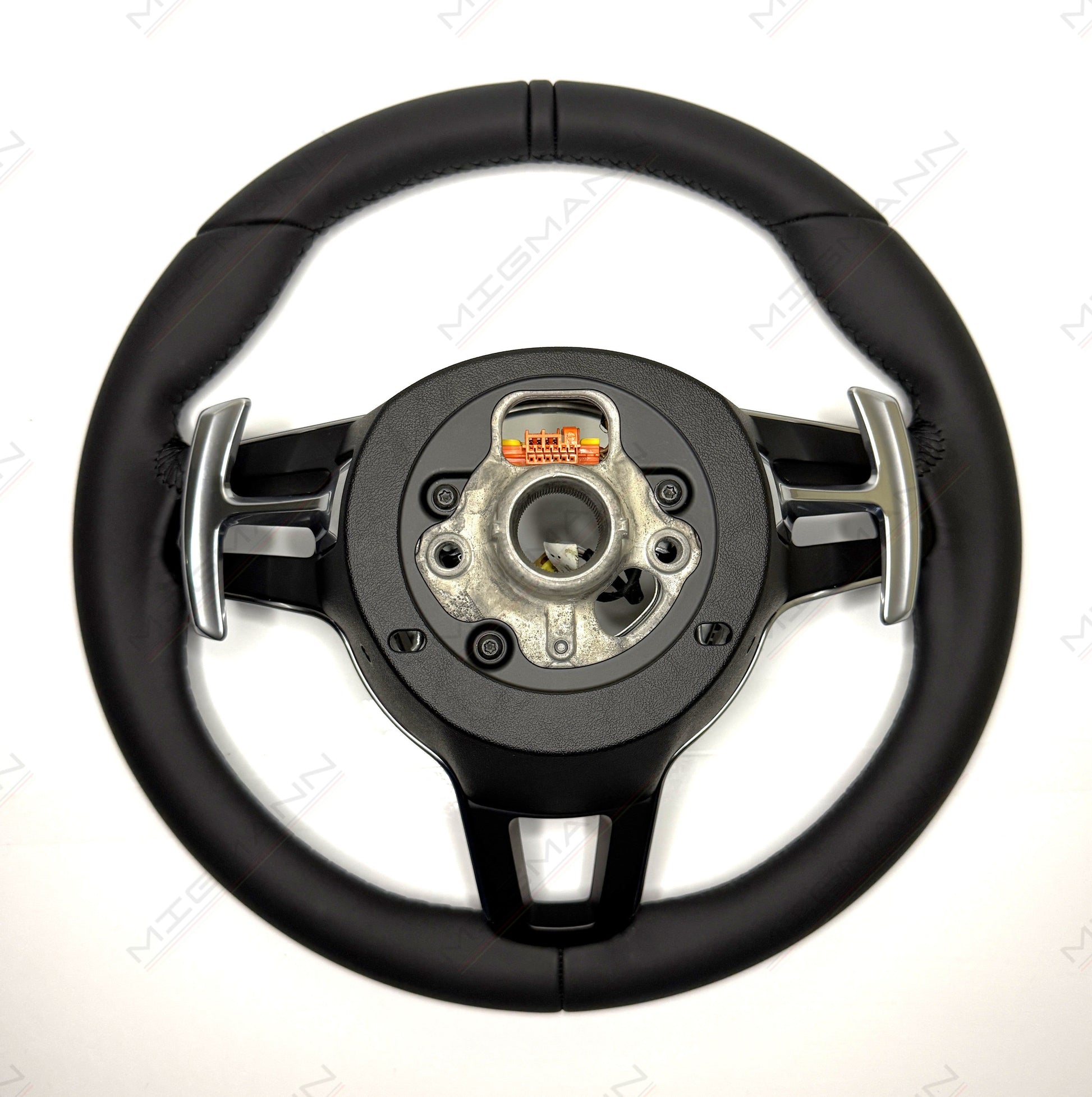 Rear mounting view of OEM Porsche 911 PDK steering wheel without airbag