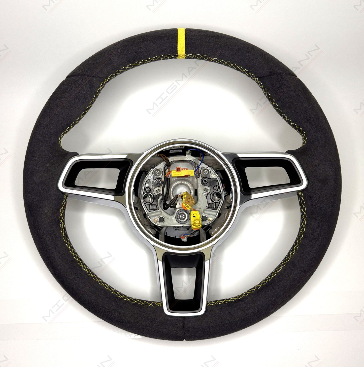 OEM Porsche 911 Alcantara steering wheel 375mm manual yellow marker no airbag front view
