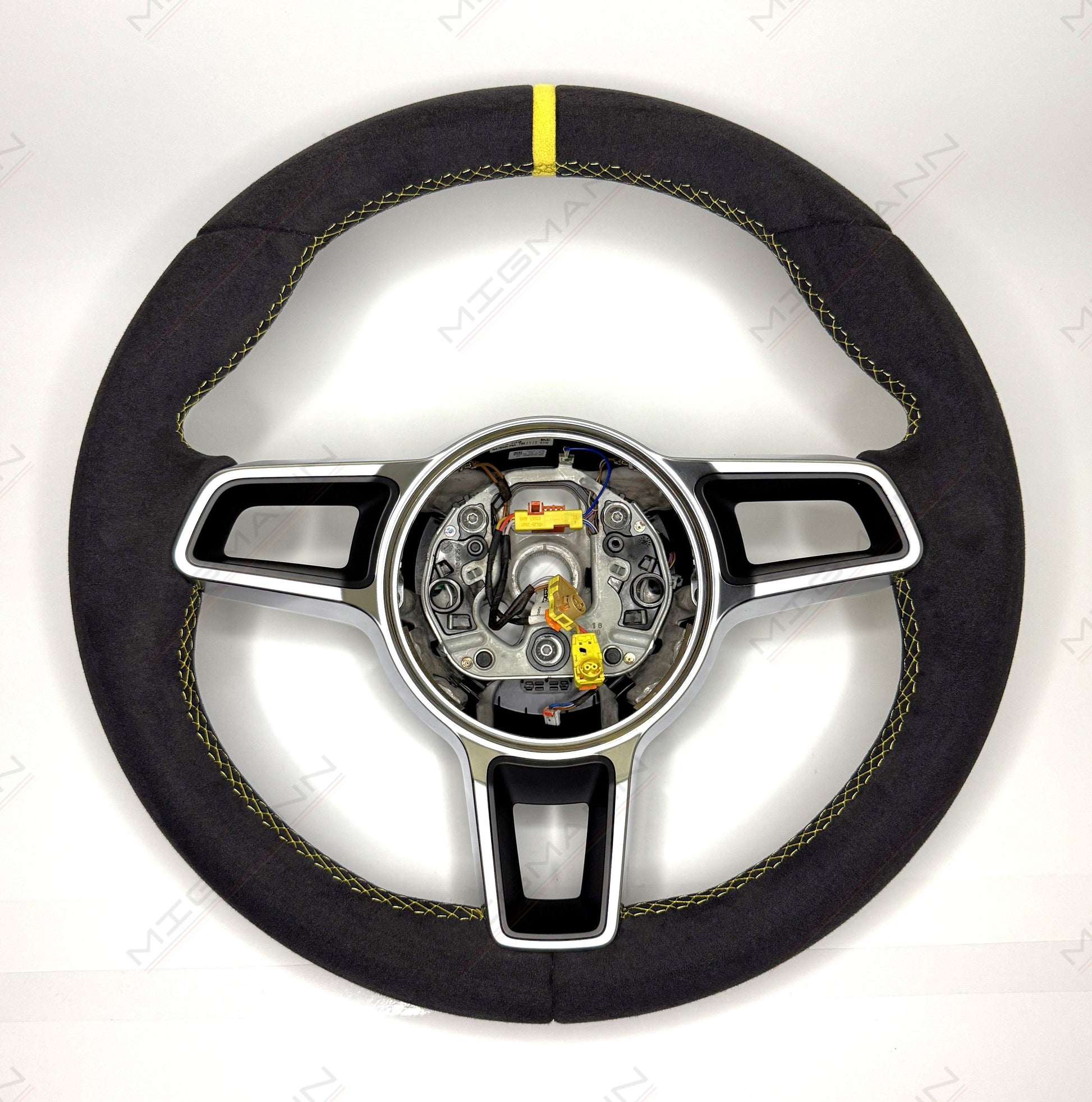 OEM Porsche 911 Alcantara steering wheel 375mm manual yellow marker no airbag front view