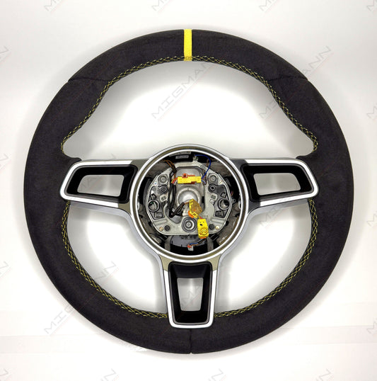 OEM Porsche 911 Alcantara steering wheel 375mm manual yellow marker no airbag front view