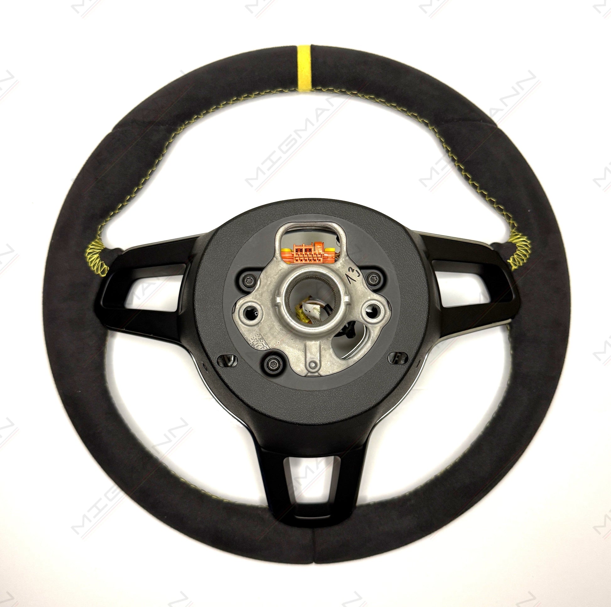 Rear mounting view of Porsche 911 Alcantara steering wheel without airbag