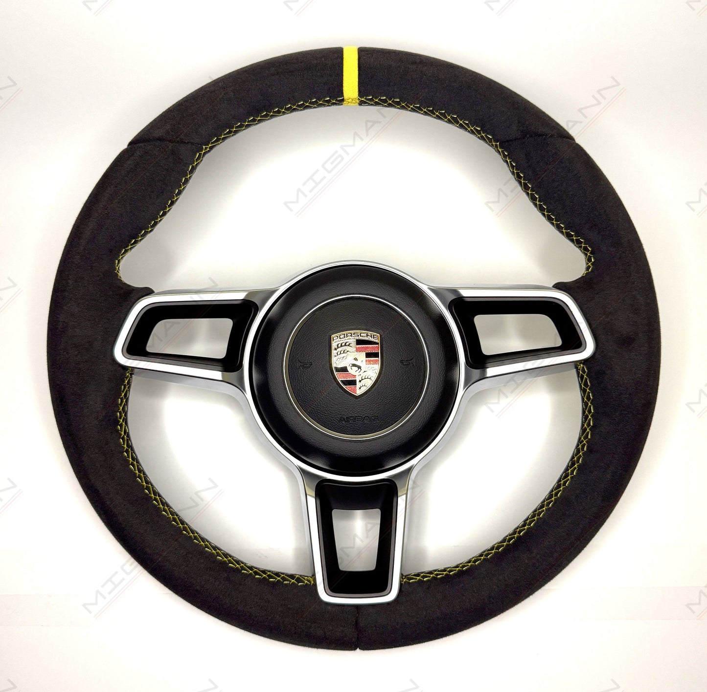OEM Porsche 911 Alcantara steering wheel 375mm with yellow marker and airbag front view