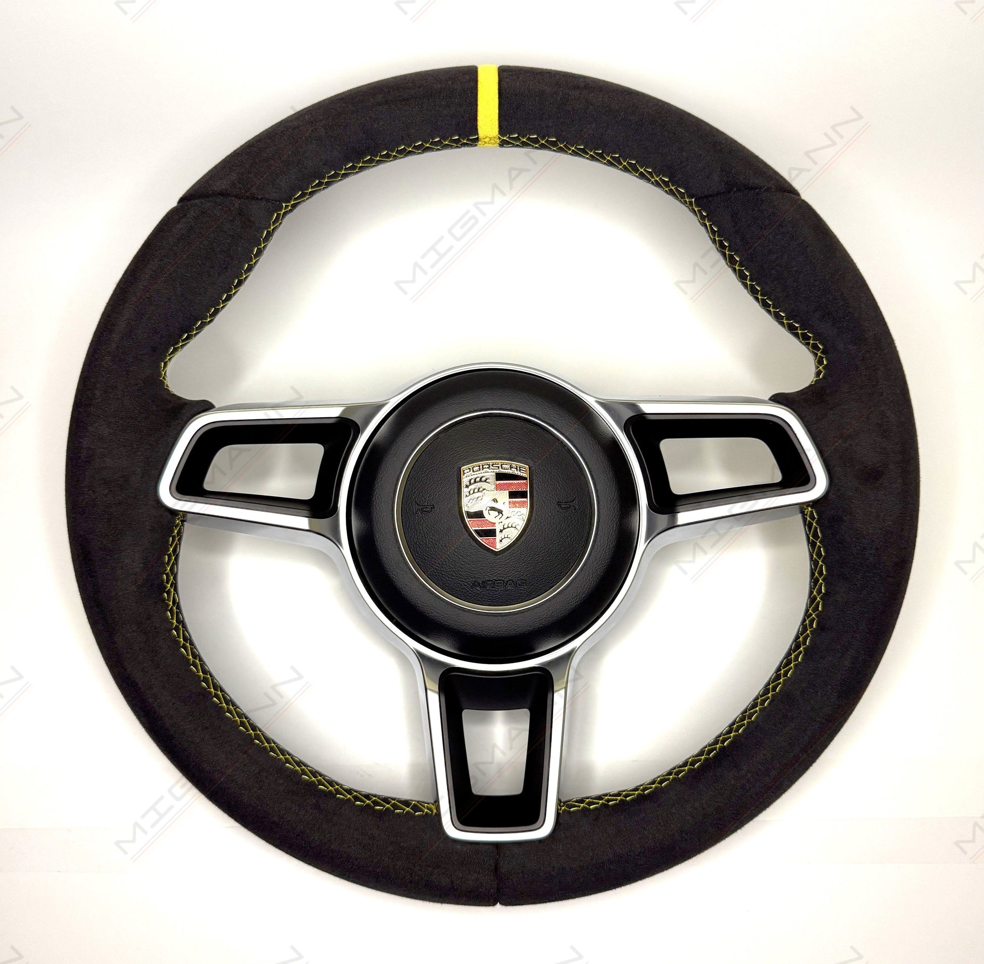 OEM Porsche 911 Alcantara steering wheel 375mm with yellow marker and airbag front view