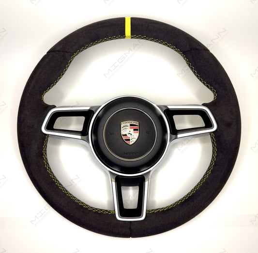 OEM Porsche 911 Alcantara steering wheel 375mm with yellow marker and airbag front view