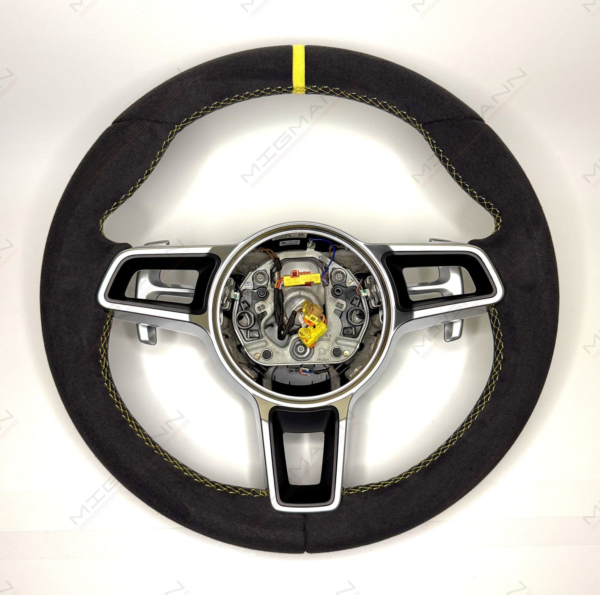 OEM Porsche 911 Alcantara PDK steering wheel 375mm with paddle shifters no airbag front view