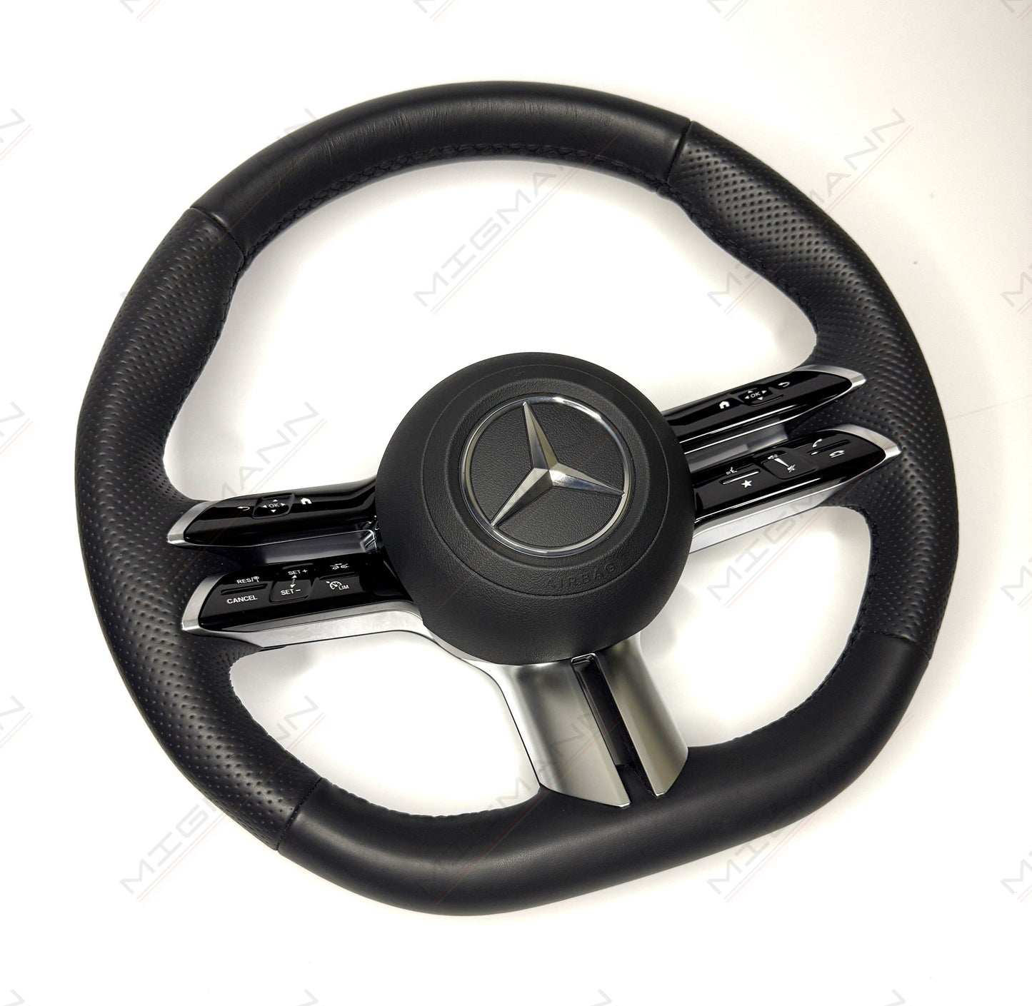 OEM Mercedes heated steering wheel black leather front view