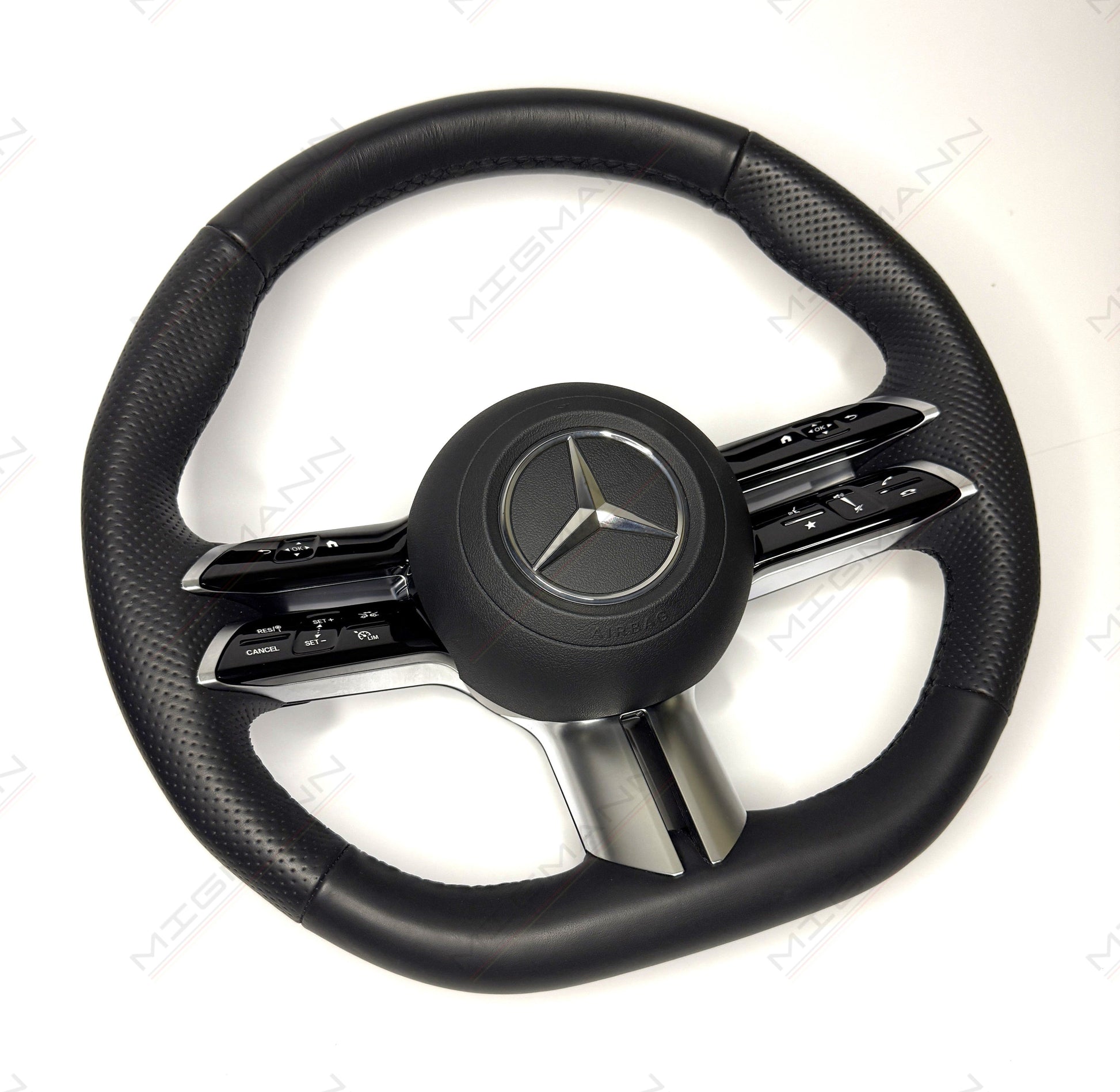 OEM Mercedes heated steering wheel black leather front view