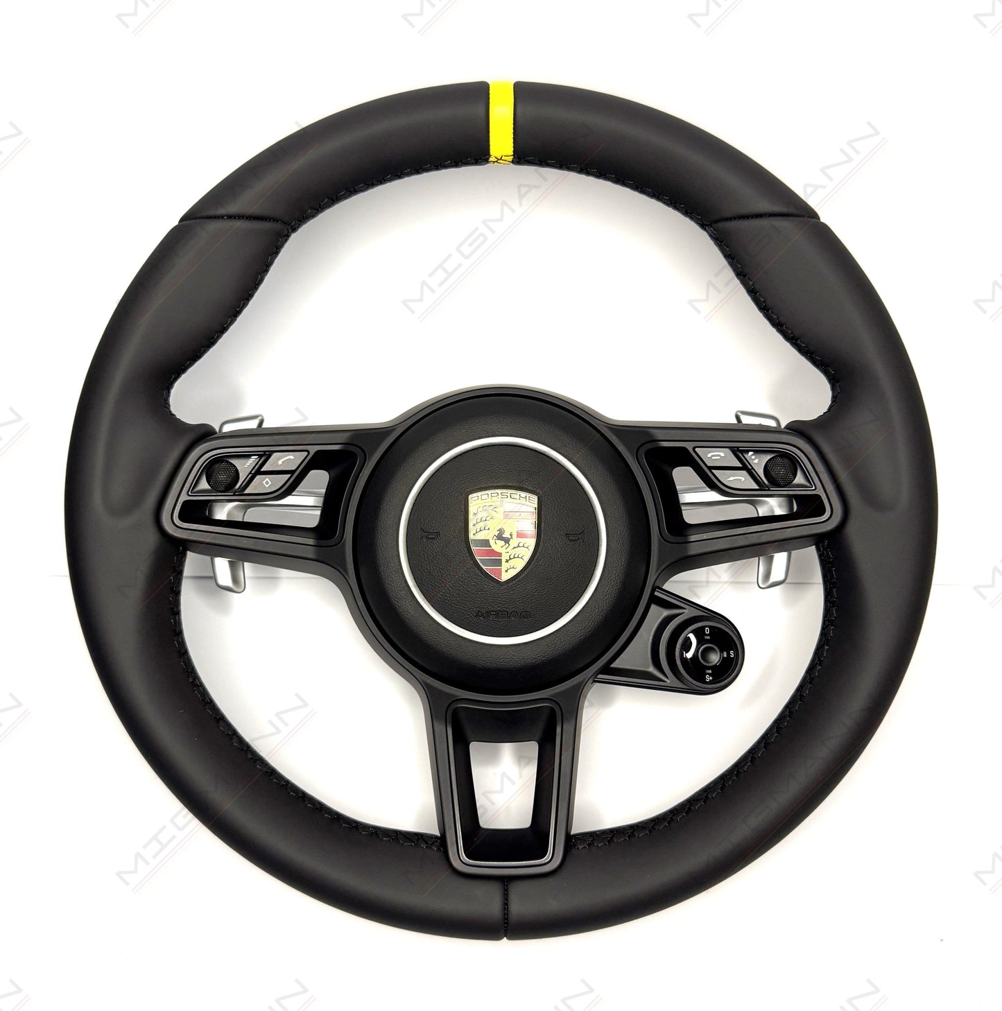 Porsche OEM leather steering wheel yellow marker black button trim with airbag