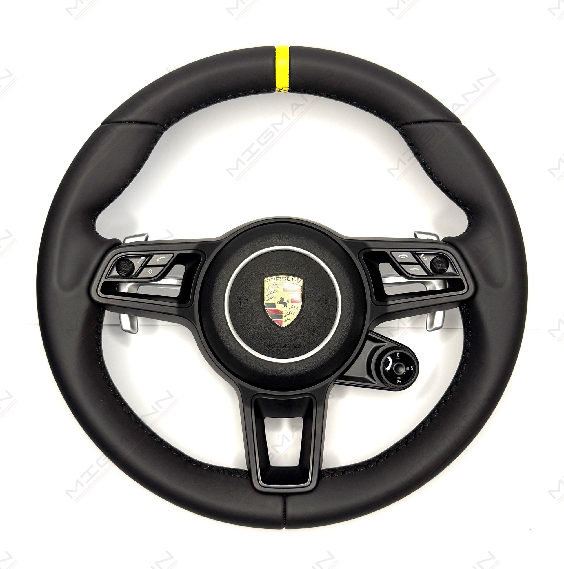 Porsche OEM leather steering wheel yellow marker black button trim with airbag