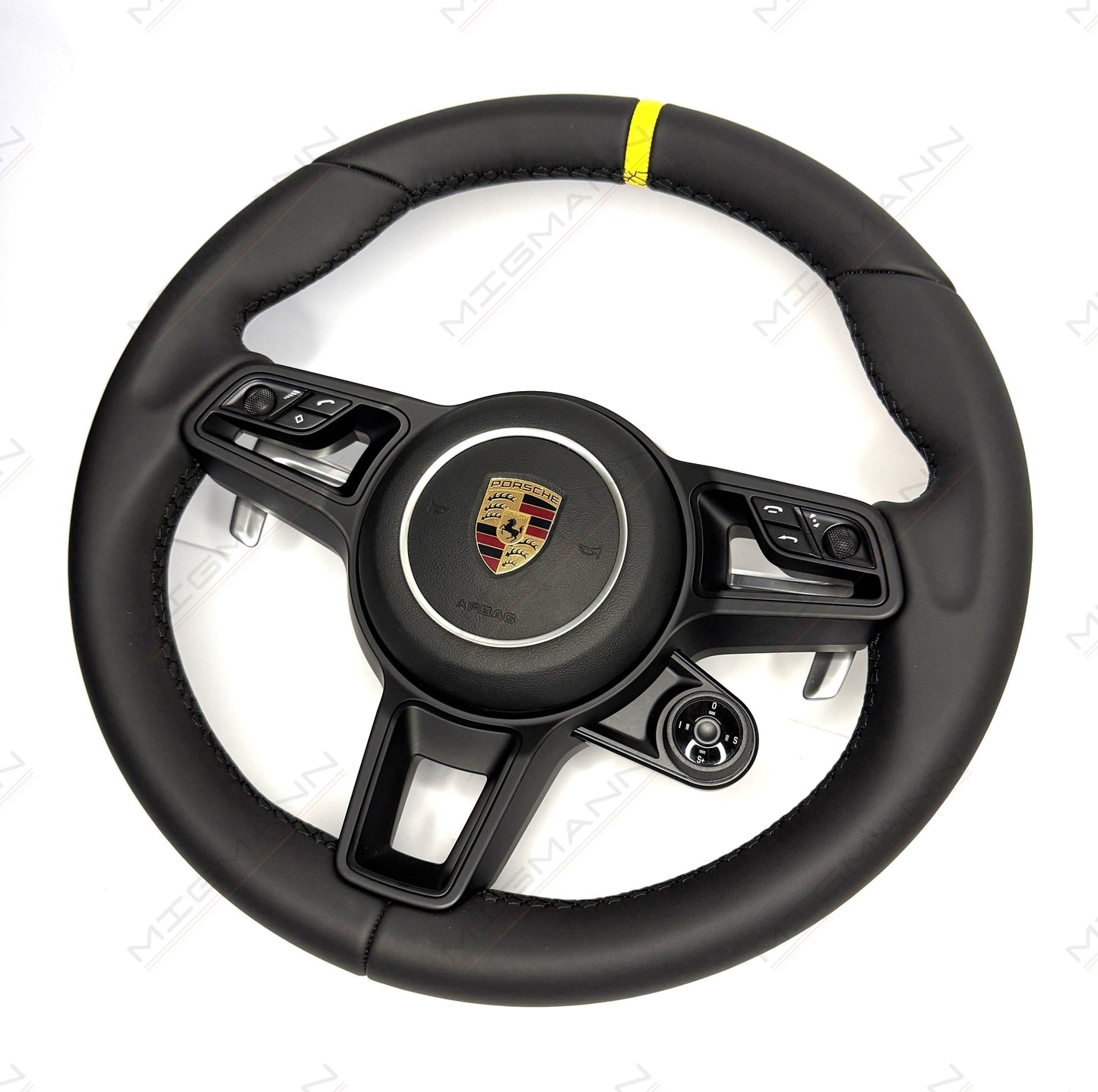 OEM Porsche black leather steering wheel with yellow top marker